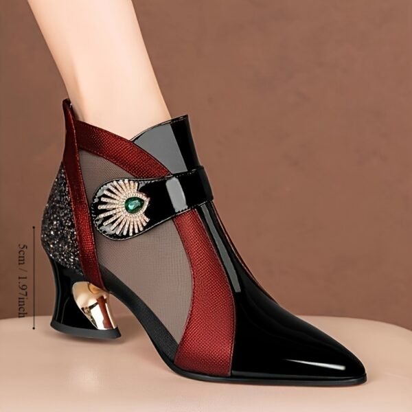 Women's Colorblock Trendy Mesh Shoes, Rhinestone Buckle Casual Chunky Heel Sequins Shoes, Point Toe Versatile Slim Boots for Music Festival