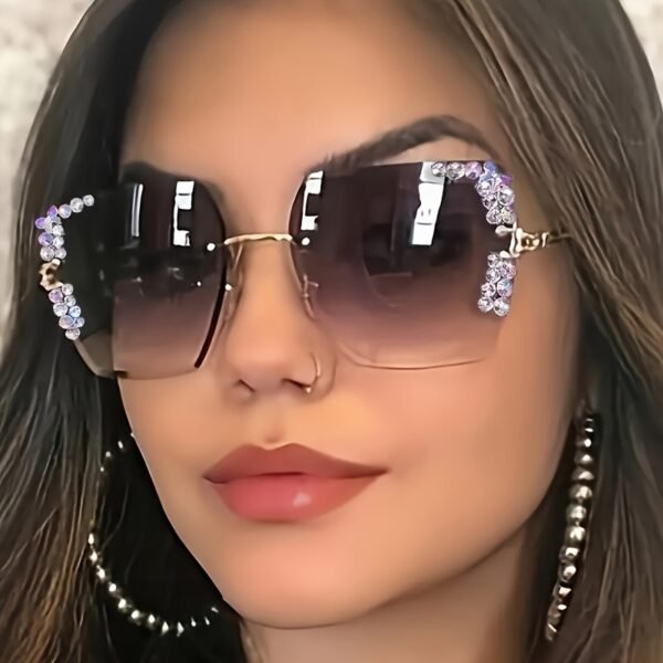1pc Fashionable Women'S Square Frameless Gradient Lens Glasses with Rhinestone Embellishments, Metal Material, PC Lens, Casual Starry Sparkle Design