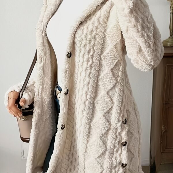 Cozy Beige Quilted Faux Fur Cardigan - Elegant Long Sleeve Hooded Outerwear with Diamond Pattern, Machine Washable, Perfect for Fall/Winter