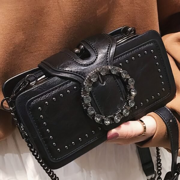 Black Retro Rivet Motorcycle Clutch Bag - Multi-layer Clip Small Square Mobile Phone Bag for Women