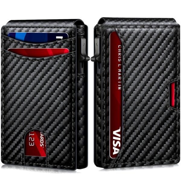 TANGMO Sleek Black Bifold RFID Blocking Wallet for Men - Quick Pop-Up Card Holder, Carbon Fiber Design, Faux Leather, Minimalist Style - Ideal Gift for the Modern for Man, Rfid Protection|Carbon Fiber Wallet|Aluminum Alloy Frame, Chic Small Wallet
