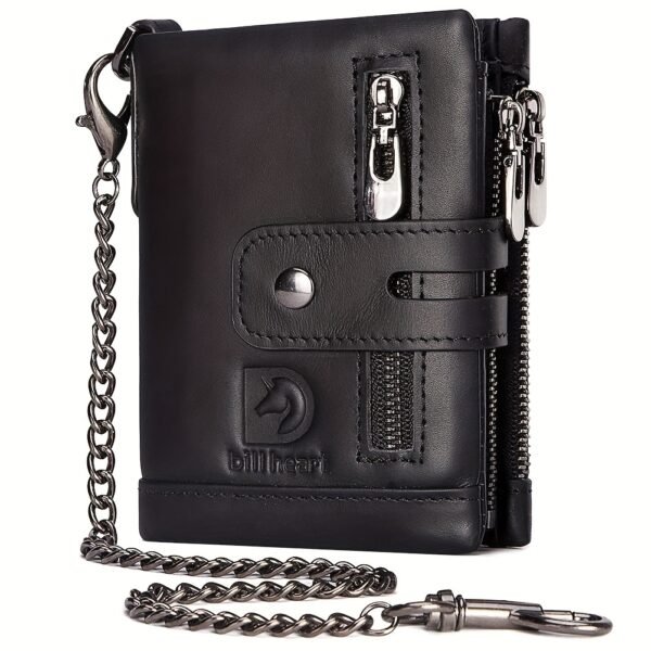 Men's Wallet With Chain Genuine Leather Short Wallet RFID Blocking Card Holder Double Zipper Coin Pocket Anti-Theft Wallet, Ideal Gift For Men