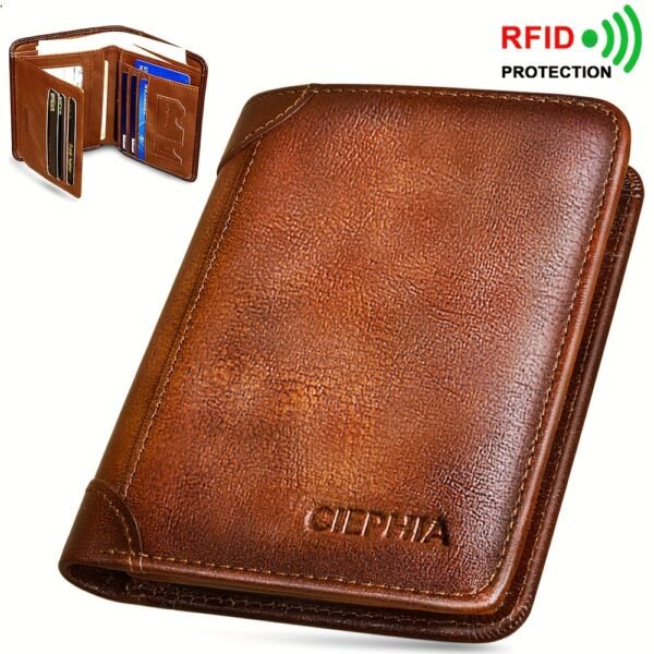 RFID Blocking Trifold Genuine Leather Wallets For Men, Top Layer Cowhide Vintage Short Multi Function Credit Card Holder, Money Clips With 2 ID Windows Valentine'S Day Gifts For Men