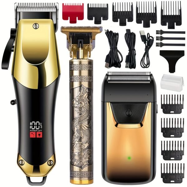 [Professional Hair Cutting Kit] 3pcs Professional Electric Hair Clipper Set - USB Rechargeable Cordless Beard Trimmer and Edger - Ideal for Barbers and Stylists